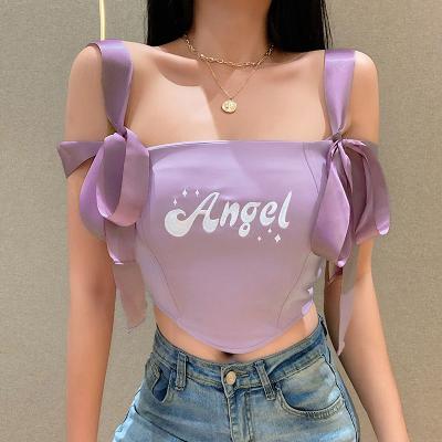 China QUICK DRY Purple Ribbon Lace Tie Up Y2k Tops Womens 2020 Cute Letter Angle Embroidery Crop Top For Girl Full Camisole Tank Debardeur Femme for sale