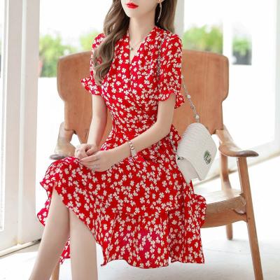 China 2021 summer new anti-static short-sleeved Korean dress female chiffon floral skirt for sale