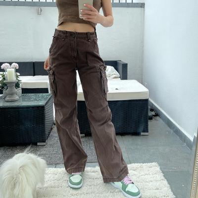 China Brown Retro Loose Jeans Womens 90S Streetwear Pocket Overall Breathable Wide Leg Straight Jeans 2021 for sale