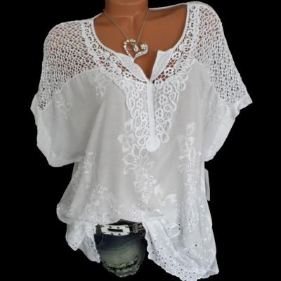 China Blouses 2021 Summer Women's Shorts Viable Sleeve And Tops Plus Size 4xl 5xl Women's Loose White Lace Patchwork Shirt Tops Casual Clothes for sale