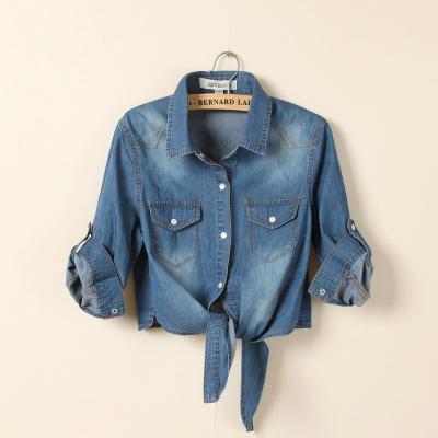 China 2021 New Fashion Denim Ladies Jean Casual Shirt Tie Waist Long Sleeve Shirt for sale