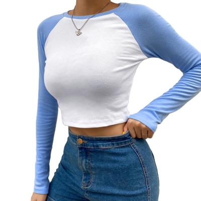 China Contrast Breathable Color Spring Basic Crop Tops Casual Slim Cute Long Sleeve Streetwear T-Shirt for sale