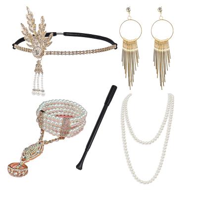 China Vintage 1920s Style Feather Headband Women's Party Cigarette Pole Necklace Bracelet Earrings Five Piece Set Bachelor Party Accessories for sale