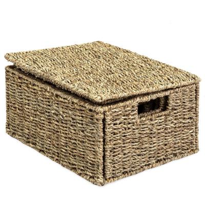 China Sundries 3 Sets Rectangular Straw Woven Vegetable Plankton Baskets With Insert Handle For Toy Groceries Storage Box for sale