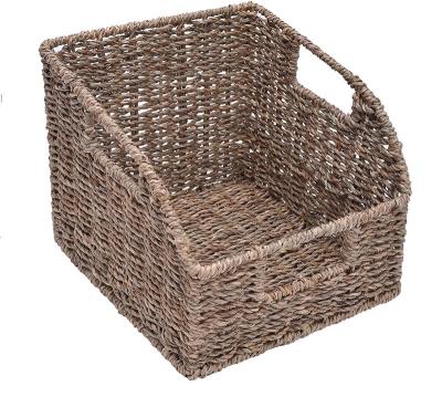 China Straw Vegetable Plankton Sustainable Woven Book Shelves Basket With Insert Handles To Be Grocery Storage Man for sale