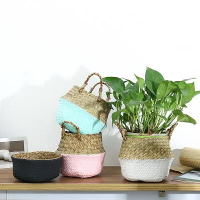 China Sustainable Colorful Collapsible Collapsible Woven Belly Plant Straw Plankton Woven Laundry Basket For Flower Planter Pot Too for sale