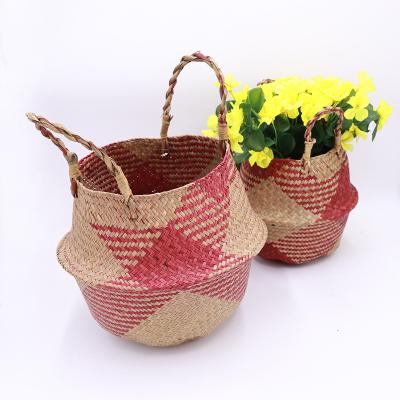 China Viable Unique Colorful Woven Straw Vegetable Plankton Belly Woven Basket To Be As Laundry Storage Flower Planter Pot for sale