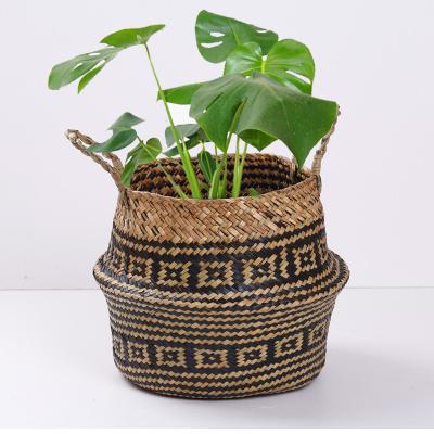 China Viable Foldable Woven Straw Flower Planter Organizer Vegetal Plankton Belly Basket To Be As Laundry Storage Too for sale