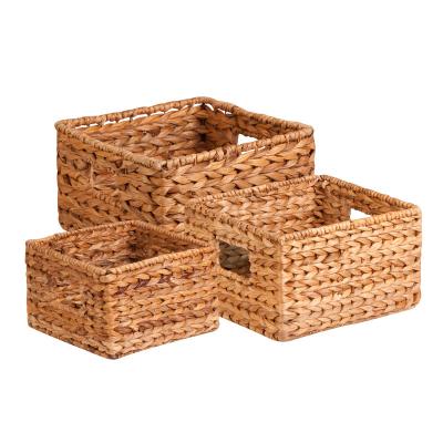 China Viable Plant Dropshipping Natural Water Hyacinth Storage Basket Clothing Storage Basket With Open Handle Storage Box 3PCS Set for sale