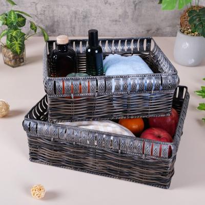 China Rectangle Fruit and Vegetable Plastic Rattan Viable Handmade Durable Basket Display Decorative Supermarket Storage Baskets for sale