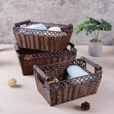 China Sustainable Multifunctional Book Basket Wire Mesh Basket Iron Frame Handwoven Wicker Square Basket With Handle for sale