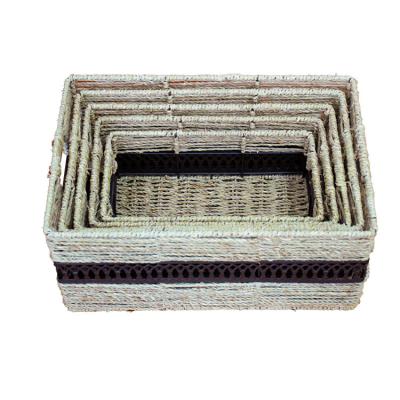 China Size OEM Customized Sustainable Handmade Storage Basket Rectangle Woven Sea Grass Basket With Iron Shelf for sale