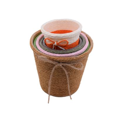 China Wholesale Sustainable Household Rope And Paper Beautiful Flower Pot Paper Storage Basket Round Hand - Woven Basket With Bowknot For Decorative for sale