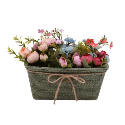 China Sustainable Wholesale Handmade Rectangle Paper Rope Storage Basket With Bowknot For Household Decorative And Beautiful Flower Pot for sale