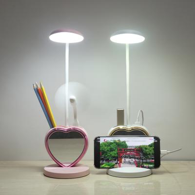 China CCT Modern Shine Adjustable Rechargeable USB LED Desk Lamp Kids Table Lamps with Pen Holder Phone Holder Mirror and USB Outlet for sale