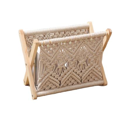 China Creative Office Macrame Woven Bookshelf Book Shelves Storage Rack Magazine Holder Nordic Modern Cotton Rope Woven Bookshelves for sale