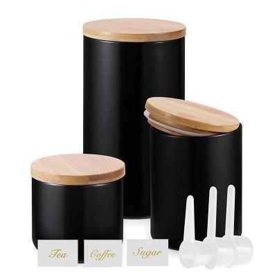 China Freshness Preservation Black Coffee Pots With Spoon And Lables Ceramic Canister Set With Wooden Lids Ceramic Bowl Set With Lid for sale