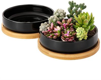 China 6Inch Traditional Plant Pot 2PCS Black Desktop Round Indoor Ceramic Succulent Plant Pot for sale