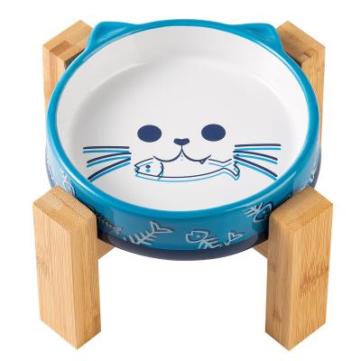 China Adjustable High Viable Food/Water Bowl For Cats Or Dogs Cat Water Bowl With Bamboo Holder Ceramic Cat Bowls for sale