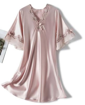 China QUICK DRY Pink Satin Lace Trim Half Sleeve Knee Length Sleepshirts for sale