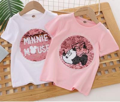 China Anti-pilling big girls MINNIE cartoon cotton short sleeve shirt with sequins for sale