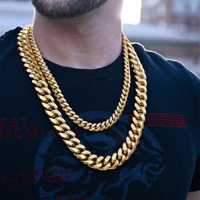 China 2022 Wholesale Custom Hiphop Hop Miami Cuban Link Chain Mens 14k 18k Gold Plated Stainless Steel Chain Necklace for sale