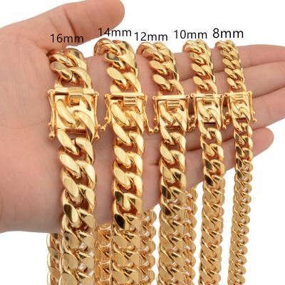 China 2022 Wholesale Custom Hiphop Hop Miami Cuban Link Chain Mens 14k 18k Gold Plated Stainless Steel Chain Necklace for sale