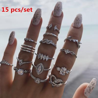 China CLASSIC Low Price 15 Pcs / Set Retro Crystal Flower Leaves Hollow Lotus Gem Silver Ring Set Bohemian Valentine's Day Gift for sale