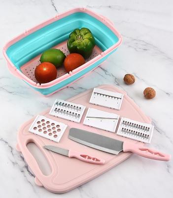 China 9 Viable in 1 Multifunctional Folding Plastic Folding Fruit Vegetable Drain Basket Folding Cutting Board with Slicer for sale