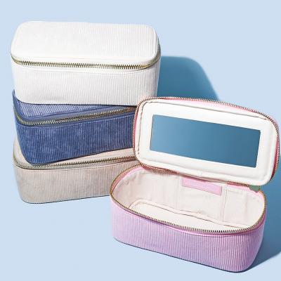 China Fashion OEM Corduroy Makeup Case Cosmetic Bag with Mirror Pocket Travel Storage Bag Portable Organizer Custom Design Logo Zipper for sale