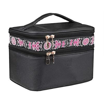 China Vintage Makeup Case Double Layer Make Up Travel Cosmetic Bags With Elegant Embroidery-Black Medium Size for sale