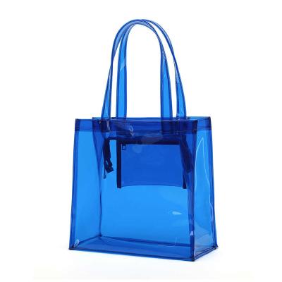 China Handled Clear Color PVC Beach Bag With Zipper Closing Transparent Tote Bag Available For Custom Promotional Bags for sale