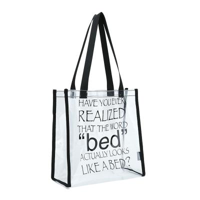 China Funny Quotes Clear Plastic Handled PVC Tote Bag Plastic Shopping Bag Available For Custom Promotional Bag for sale