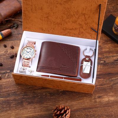 China Alarm Wholesale Gift Wallet Stainless Steel Leather Watch 3pcs Men Watch Set for sale