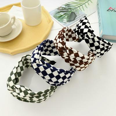 China Fashion UNIQ Retro Grid Plaid Fabrics Tie Wide Cross Headband Women for sale