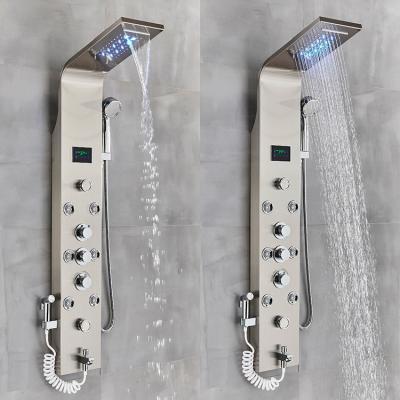 China Without Slide Bar 304 Stainless Steel Multi Function LED Shower Column Waterfall Bathroom Shower Panel for sale