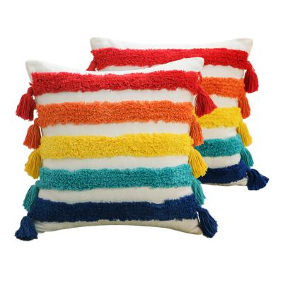 China Folded Drop Shipping Ethnic Rainbow Bohemian Tufted Pillowcase Style Embroidery Cushion Cover Home Three-Dimensional Pillow Case for sale