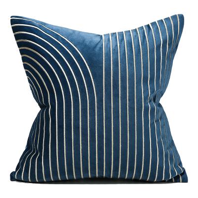 China Non-Toxic Blue Striped Geometric Lines Embroidery Velvet Cushion Case Luxury Modern Decorative Pillow Cover For Couch for sale