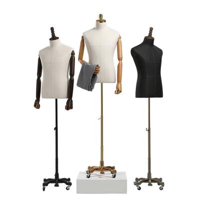 China Other Wheel Universal Male Mannequin Half Body High End Clothing Store Suit Display Stand With Wooden Arm for sale