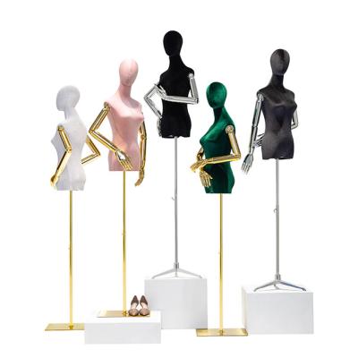 China Other New Arrival Luxury Velvet Female Mannequin With Gold Silver Arms Adjustable Half Body Wooden Mannequin For Dressing Display for sale