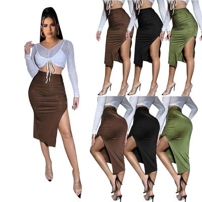 China L99838 Anti-Static Solid Coffee Ruched Thigh Split Skirt for sale