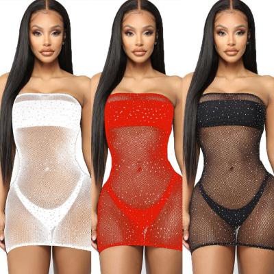 China Hot Transparent Hot Perspective Breathable Mesh Sexy Dress Drill Mesh Bathing Suit Cover Ups With Thong for sale