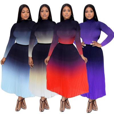 China New hot sale anti-static gradient color pleated fashion women's two-piece skirt set for sale