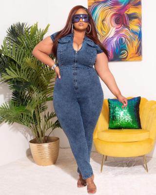 China Plus Size Lady Women's Plus Size QUICK DRY Jumpsuit Short Sleeve Zipper Turn Down Neck Denim Overalls for sale