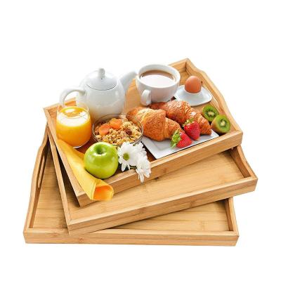 China Eco-Freindly Set of 3 Serving Tray with Handles - Wooden Bamboo Trays for Food Breakfast Party, Tea Coffee Table Ottoman for sale