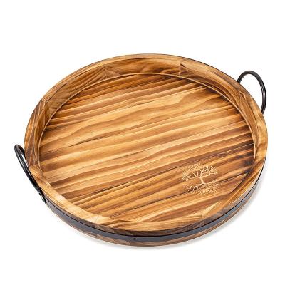 China Wooden Log Tray Rustic Serving Tray with Galvanized Handles for Coffee, Wine, Dessert, Round Centerpiece Coffee Table Tray for sale