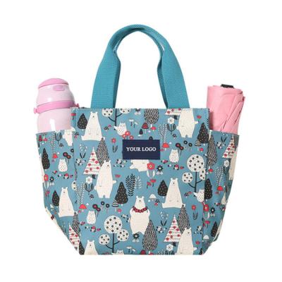 China Wholesale Waterproof March Expo Factory Custom Logo Printed Pattern Canvas Tote Insulated Lunch Bag For School Kids for sale