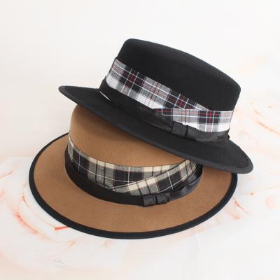 China Autumn Winter Warm Woolen Flat Top Wide Brim Checked Formal Hat With Folded Grid Ribbon for sale