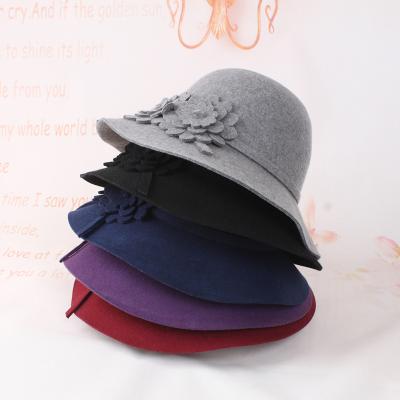 China Luxury Picture Flower Decoration Wool Felt Wide Brim Bucket Hats With Matching Fashion Suits for sale