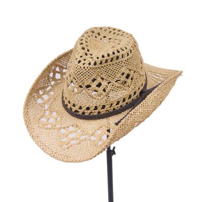 China Straw Hat Bohemian Style Hollow Straw Cowboy Hat Female Sun Straw Hat Western Hats Of Sparta Paper Rope Flower For Women Summer Manufacturers for sale